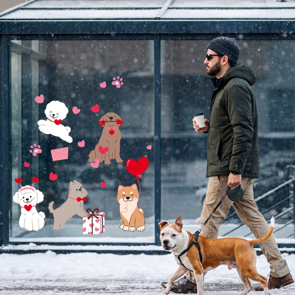 декор на день святого валентина фото, наклейки с песиками на окна фото, декор к 14 февраля фото, декор ресторана на 14 февраля фото, наклейки на окна сердца фото, наклейки на окна к Валентину фото, как украсить магазин на 14 февраля фото, украсить кафе на день святого валентина фото, праздничное оформление зоомагазина фото, наклейки на стекло для зоомагазина фото, купить декор на витрину фото, оформление витрин к празднику влюбленных фото, виниловые наклейки на стекло фото